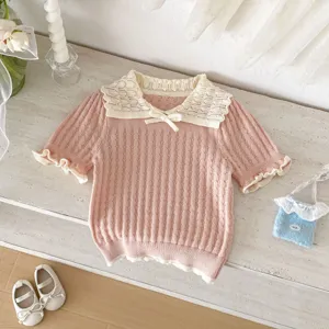 Girls knitted short sleeve top summer sweet hollow lace collar pullover kids cute sweater