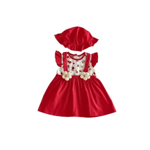 Completo estivo rosso da bambina con top a fiori e cappello coordinato, vestito grazioso neonata.