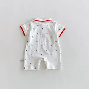 Baby boy summer short sleeve polo romper with cute anchor print and red trim casual bodysuit.