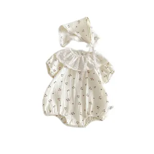 Newborn baby summer cotton floral romper with lace collar and matching sun hat set main view.