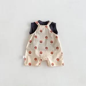 Cute summer baby sleeveless romper with fun burger print and black inner shirt for infants.