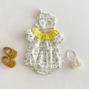 Conjunto de romper de verano para bebé niña con cuello amarillo y gorro, ropa de infante linda.