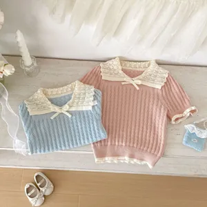 Cute sweet kids knit short sleeve top with lovely lace collar and bow for summer.
