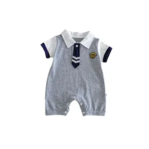 Cute baby short sleeve polo romper for summer, infant boy collegiate style onesie clothing