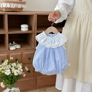 Baby Mädchen Sommer Gestreifter Strampler Süßer Spitzen Puppenkragen Neugeborener Body Weiche Baumwolle Kleinkind Krabbelkleidung