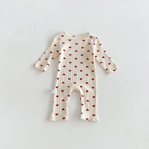 Infant baby long sleeve cotton romper with red heart print, cute newborn unisex clothing.