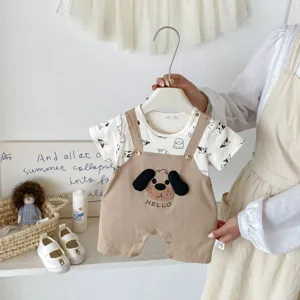 Infant summer short sleeve baby romper cute puppy design fake two piece infant clothing