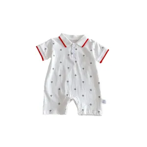 Baby boy short sleeve polo romper with anchor print and red trim, soft cotton summer bodysuit.