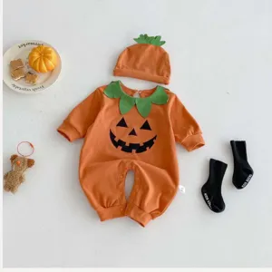 Baby Halloween pumpkin romper set long sleeve jumpsuit with hat and socks for infant toddler boys.