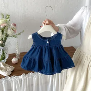 Bambina Neonata Denim Jeans Senza Maniche Abito A Balze Estate Grazioso Principessa Vestito