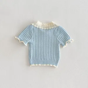 Girls knitted polo collar short sleeve sweater detail, light blue hollow out top.