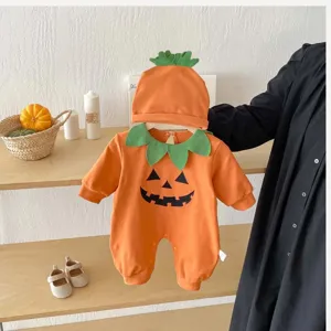 Baby Halloween pumpkin romper and hat set long sleeve infant crawler cute outfit