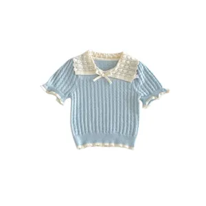 Cute summer girls knit top with lace lapel, hollow design, and bow for sweet daily wear.