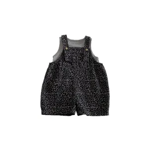 Baby leopard print overalls set with grey ribbed tank top, cute summer toddler two-piece outfit.