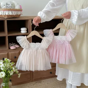 Zomer mouwloze geborduurde kant prinses jurk voor peuter baby meisje verjaardag.