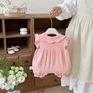 Infant baby girl summer cute romper pink cotton gauze ruffle bodysuit newborn clothes