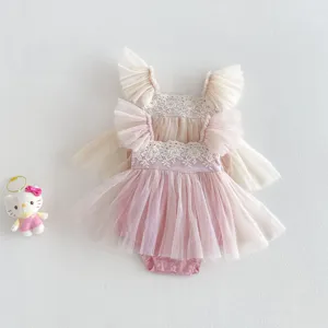Zomer mouwloze kanten tutu romper jurk voor baby, schattige roze prinses feestjurk voor meisjes.