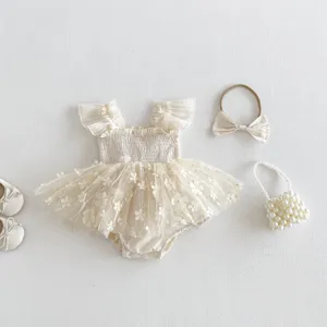 Abito tutina neonata in tulle fiori 3D set principessa dolce con fascia e borsa di perle.