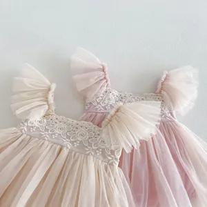 Peuter mouwloze kanten geborduurde prinsessenjurk tule baby feestjurk jurk detail