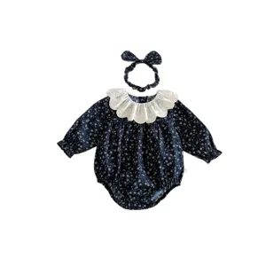 Süßer Baby Mädchen Blumen Langarm Strampler mit weißer Spitzenkragen und Haarreif Set.