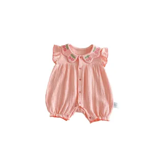 Summer baby girl sleeveless pink romper with cute cherry embroidery and sweet ruffle collar.