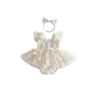 Abito tutina tutu in tulle con fiori 3D da bambina estivo con fascia per capelli.