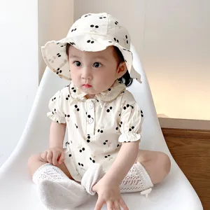 Cute baby girl cherry print short sleeve romper bodysuit with matching hat and socks summer wear