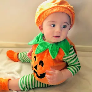 Cute baby Halloween pumpkin costume detail view, soft fleece romper with matching hat.