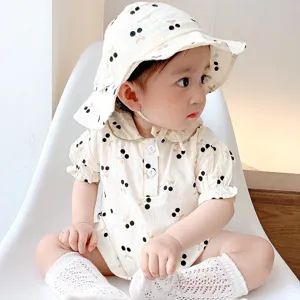 Cute baby summer cherry print romper and matching sun hat, soft fabric for infant wear.