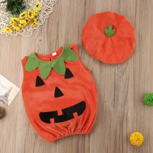 Baby Halloween Pumpkin Romper Hat Set Cute Sleeveless Infant Costume Jumpsuit Outfit