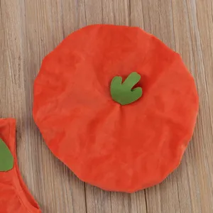 Baby Halloween pumpkin romper set with cute hat, soft orange plush baby costume for infant.