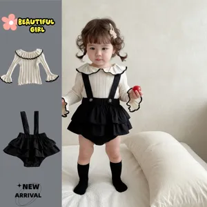Baby Mädchen Herbst Winter Gestrickter Puppenkragen Langarm Top Und Trägershorts Set Kleinkind Süße Kleidung