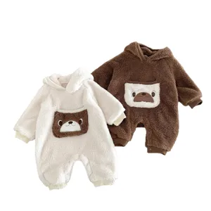 Cute baby double-sided fleece hooded romper, warm autumn winter infant clothes for kids