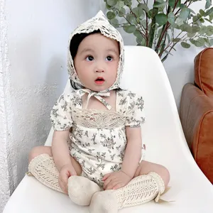 Infant baby girls vintage floral romper with lace bonnet and socks summer cute baby crawler set