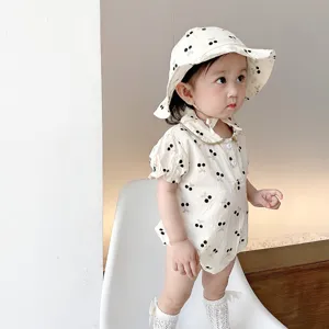 Details of the baby summer cherry romper and matching bucket hat set, cute and comfortable daily wear.