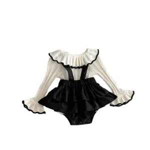 Kleinkind Mädchen Strick Puppenkragen Rüschen Langarmshirt und schwarzer Strampler Set