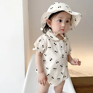 Cute baby girl summer cherry short-sleeve romper and hat set, soft fabric toddler outfit.