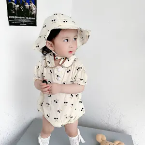 Cute baby girls summer cherry print romper with matching hat sweet infant jumpsuit outfit