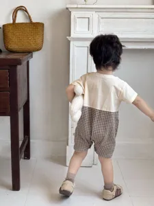 Infant baby short sleeve romper summer cute checkered fake two-piece baby bodysuit apparel.