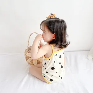 Summer baby cotton camisole romper, cute animal spot design with yellow trim for infants.