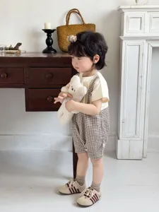 Infant baby short sleeve plaid romper doll collar Korean style summer baby crawler clothing