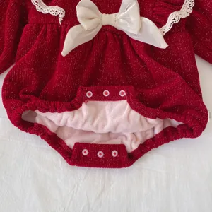 Red plush baby romper with bow and lace, warm winter newborn baby jumpsuit, cute New Year clothing.