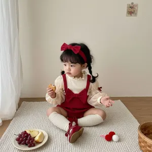 Neonato Bambina Manica Lunga Romper Fiocco Rosso Colletto Volant Cotone Bodysuit Neonato Primavera Autunno