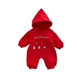 Combinaison polaire rouge à capuche pour bébé avec motif de Noël, grenouillère d'hiver mignonne.