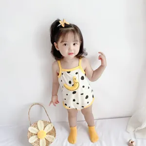 Infant summer baby strap bodysuit cotton cute romper detail view, soft and breathable.