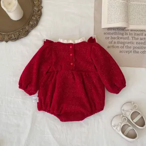 Red fleece baby girl romper for New Year, sweet princess bodysuit with cute ruffles and buttons.