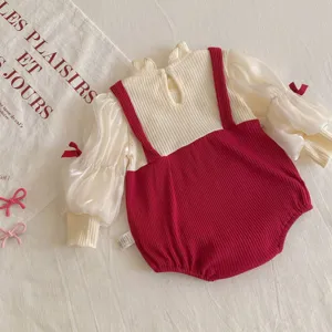 Neonato bambina tutina manica lunga rosso bianco fiocco carino vestiti bambino primavera