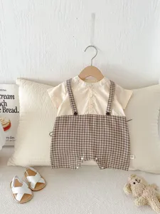 Infant baby romper short sleeve doll collar plaid fake two piece cute crawler summer clothing