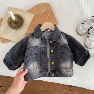 Bambino neonato giacca di jeans lavata grigio scuro maniche lunghe risvolto bottone cappotto
