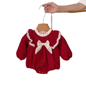Red fleece baby girl romper with sweet lace trim and cute bow, perfect for New Year celebration.